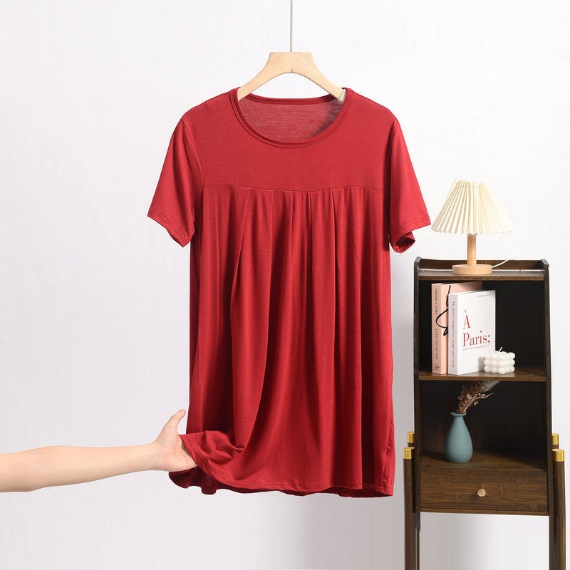 2025 Summer European and American Cross-border New Women's Loose chubby girl plus size Short-sleeved Pullover Pleated T-shirt Belted Waist Top - Image 5