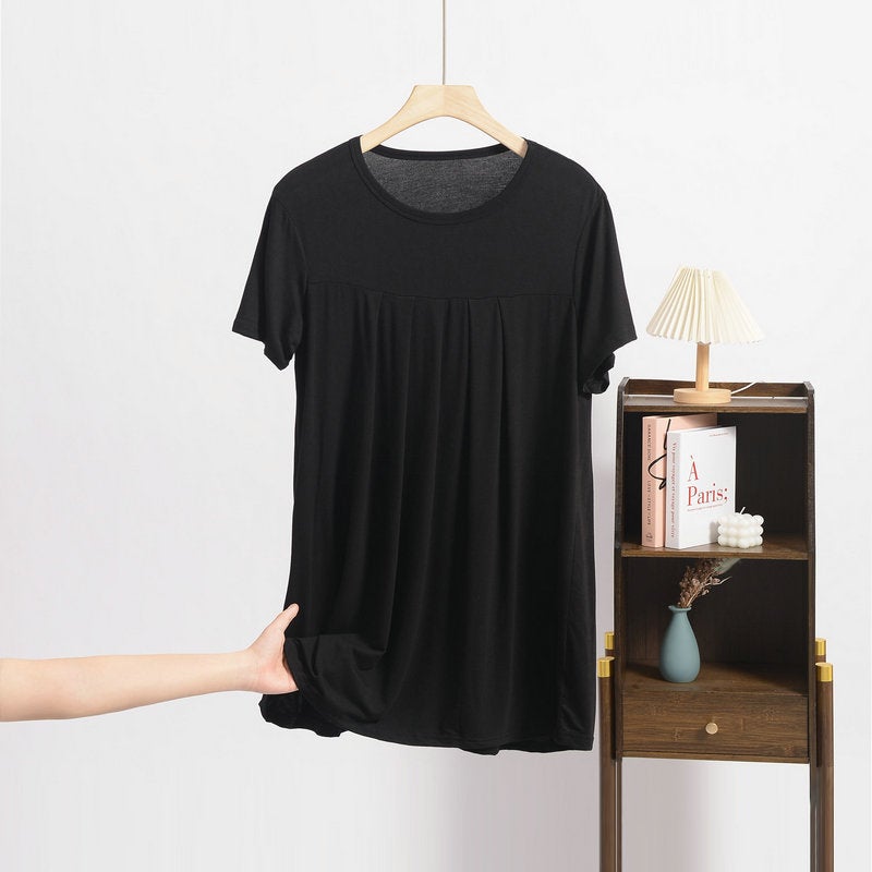 2025 Summer European and American Cross-border New Women's Loose chubby girl plus size Short-sleeved Pullover Pleated T-shirt Belted Waist Top - Image 4