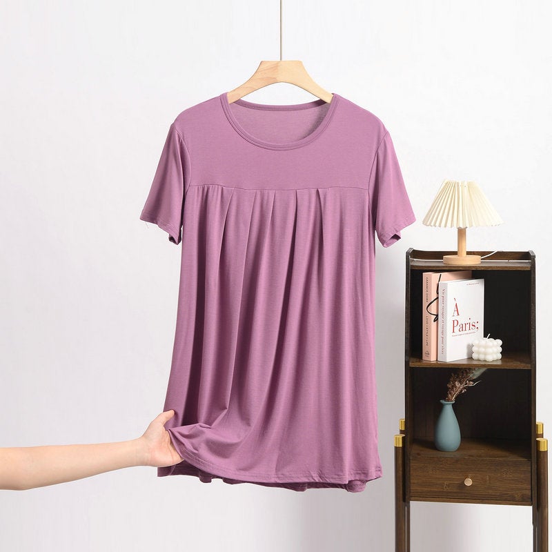 2025 Summer European and American Cross-border New Women's Loose chubby girl plus size Short-sleeved Pullover Pleated T-shirt Belted Waist Top - Image 1