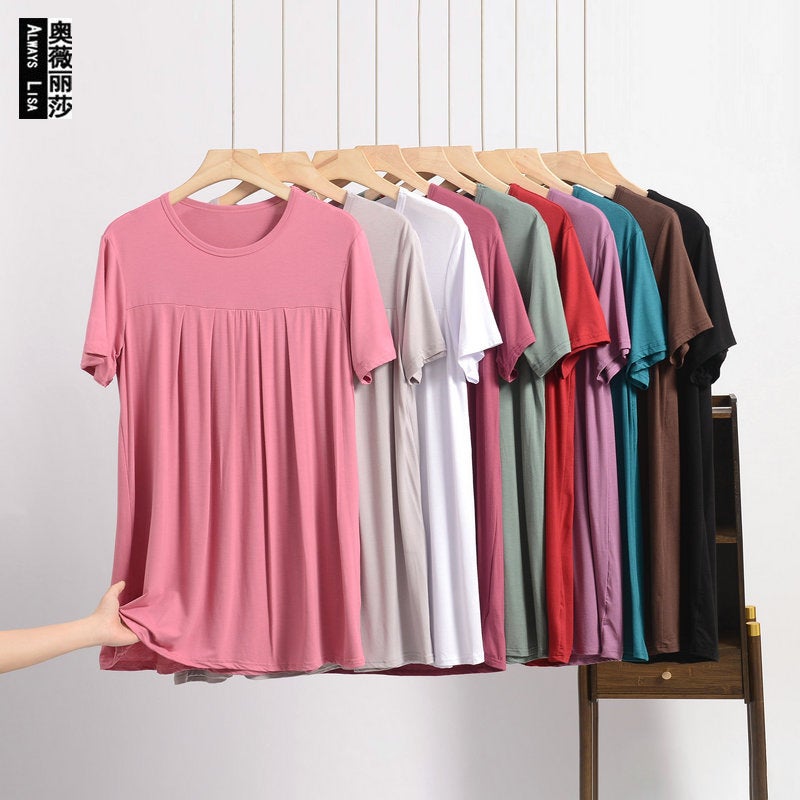 2025 Summer European and American Cross-border New Women's Loose chubby girl plus size Short-sleeved Pullover Pleated T-shirt Belted Waist Top - Image 2