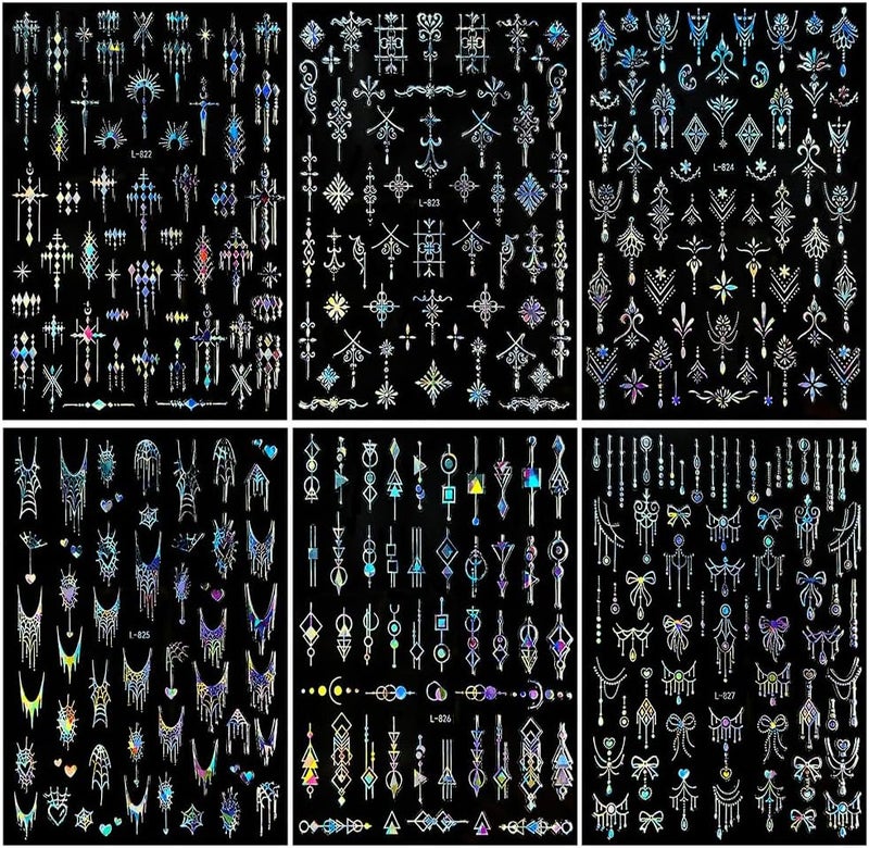 Maigitur 6Sheets Laser Silver Nail Stickers BOH Nail Decals Star Lines Nail Designs Vintage Totem Nails Supplies 3D Self-Adhesive Retro Lace Nails Art Stickers for Women DIY Manicure - Image 3