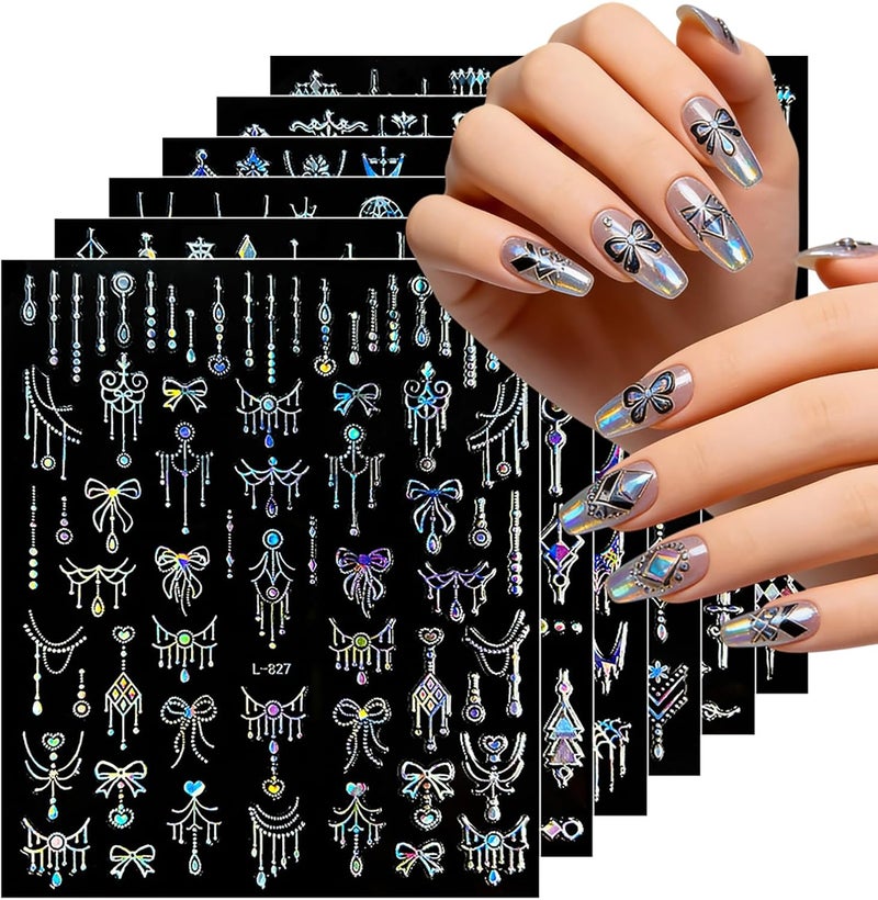 Maigitur 6Sheets Laser Silver Nail Stickers BOH Nail Decals Star Lines Nail Designs Vintage Totem Nails Supplies 3D Self-Adhesive Retro Lace Nails Art Stickers for Women DIY Manicure - Image 1