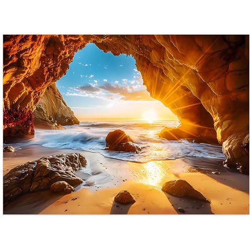 Jeacirio 500 Pieces Puzzles for Adults Jigsaw Puzzle Beach Sea Cave Sunset Puzzle for Elderly Recycled Paper Puzzle 500 Pieces Art DIY Challenging Puzzle Family Game Gift for Friends 205 x 15 in - Image 1