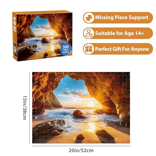 Jeacirio 500 Pieces Puzzles for Adults Jigsaw Puzzle Beach Sea Cave Sunset Puzzle for Elderly Recycled Paper Puzzle 500 Pieces Art DIY Challenging Puzzle Family Game Gift for Friends 205 x 15 in - Image 5
