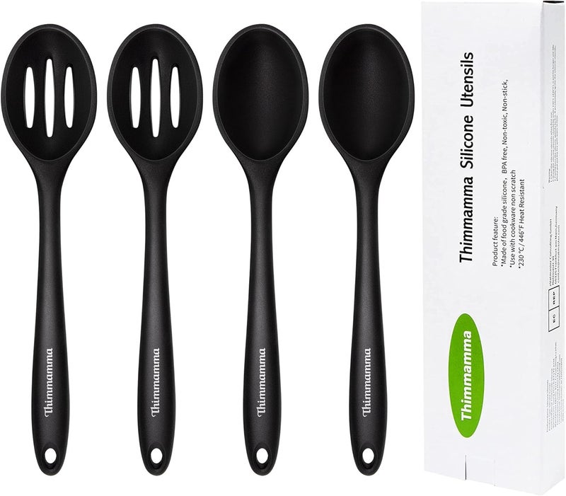 Thimmamma Silicone Cooking Spoon, Nonstick Kitchen Spoons for Cooking, Slotted and Solid Serving Spoon Heat Resistant, Silicone Mixing Spoons Basting for Nonstick Cookware 4 Pack - Image 1