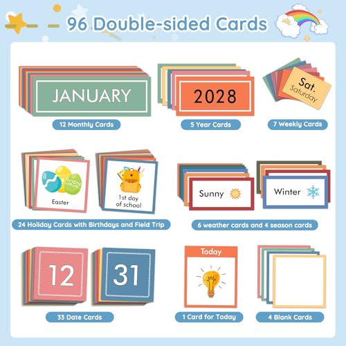 ZKOO Rainbow Calendar Pocket Chart with 97 Educational Cards, Large 20"x23.6" Weather Calendar Pocket Chart Perfect for Preschool Homeschool Learning, Monthly Calendars with 3 Storage Pockets (Black) - Image 3