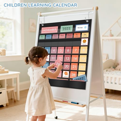 ZKOO Rainbow Calendar Pocket Chart with 97 Educational Cards, Large 20"x23.6" Weather Calendar Pocket Chart Perfect for Preschool Homeschool Learning, Monthly Calendars with 3 Storage Pockets (Black) - Image 2