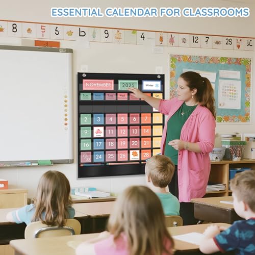 ZKOO Rainbow Calendar Pocket Chart with 97 Educational Cards, Large 20"x23.6" Weather Calendar Pocket Chart Perfect for Preschool Homeschool Learning, Monthly Calendars with 3 Storage Pockets (Black) - Image 5