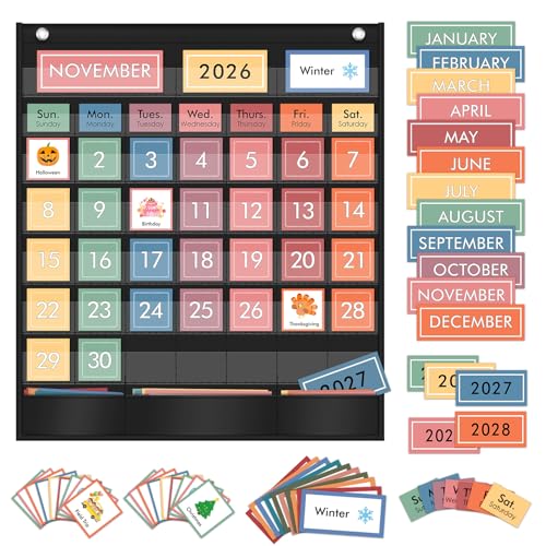 ZKOO Rainbow Calendar Pocket Chart with 97 Educational Cards, Large 20"x23.6" Weather Calendar Pocket Chart Perfect for Preschool Homeschool Learning, Monthly Calendars with 3 Storage Pockets (Black) - Image 1