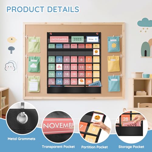 ZKOO Rainbow Calendar Pocket Chart with 97 Educational Cards, Large 20"x23.6" Weather Calendar Pocket Chart Perfect for Preschool Homeschool Learning, Monthly Calendars with 3 Storage Pockets (Black) - Image 4
