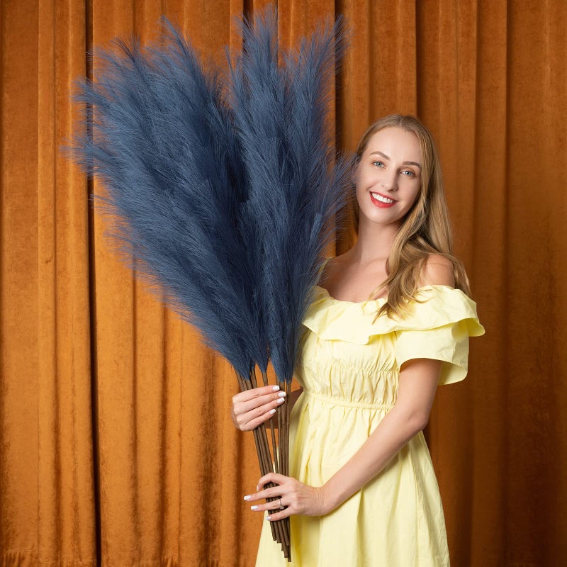 Faux Pampas Grass 6 Stems Artificial Pampas Grass 43 inch Total Extra Large Pompass Grass Tall Pompous Boho Flower Arrangement and Floor Vase Filler Home Decor for Room Wedding Party Blue