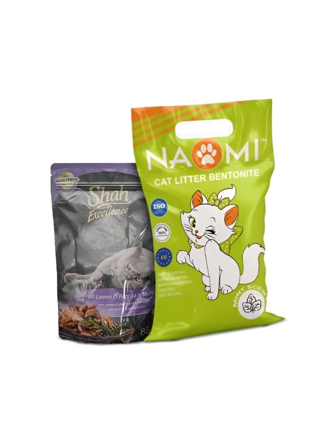 شاه طعام القطط شاه في صوص 85 جم + رمل القطط ناومي برائحة النعناع 20 لتر – باقة مميزة - Image 3
