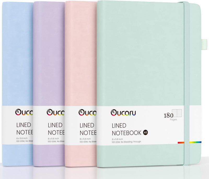 Oucaru Lined Journal Notebook, 4 Pack, 180 Pages, A5 Journals for Writing, 100 GSM Thick Paper, Small Notebooks Daily Journal for Women Men Work, Business, School, Travel Supplies - Image 1