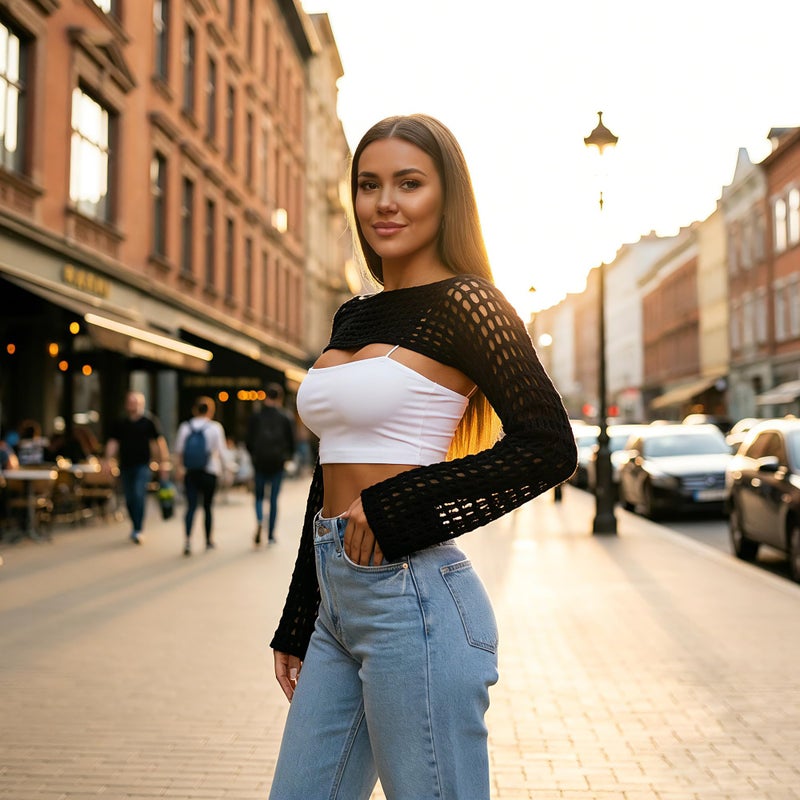 Mincib سترة مينيبي النسائية المحبوكة بتصميم ي2ك، سترة بوليرو مجوفة، سترة قصيرة شفافة (أسود، S) - Image 5