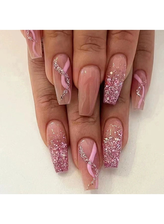 Goolsky Premium Medium-Long Ballet Press-on Nails with Gradient Sparkle Waves for Girly Charm - Image 1