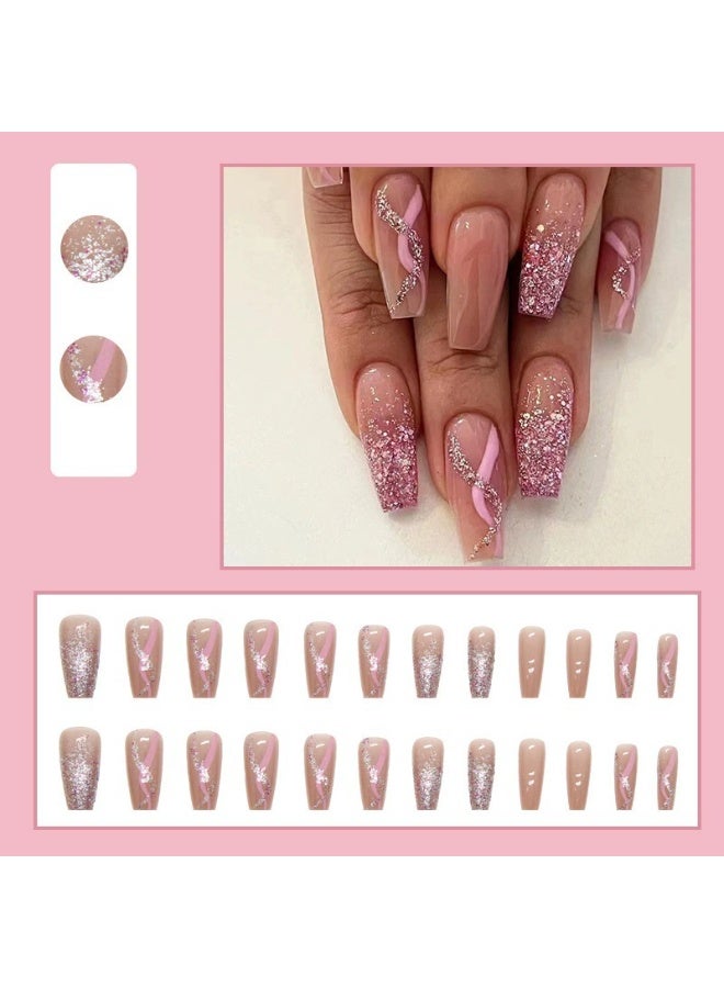 Goolsky Premium Medium-Long Ballet Press-on Nails with Gradient Sparkle Waves for Girly Charm - Image 3