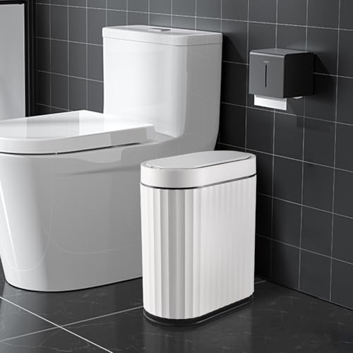 ELPHECO Bathroom Trash Can with Lid 2 Gallon Small Sensor Garbage Can, 9 Liter Slim Smart Trash Bin, Waterproof Automatic Wastebasket, Narrow Plastic Garbage Bin for Bathroom, Black and White - Image 1