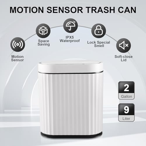 ELPHECO Bathroom Trash Can with Lid 2 Gallon Small Sensor Garbage Can, 9 Liter Slim Smart Trash Bin, Waterproof Automatic Wastebasket, Narrow Plastic Garbage Bin for Bathroom, Black and White - Image 4