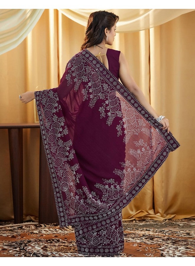 SIRIL SIRIL Women's Georgette Stone Work Saree With Unstitched Blouse Piece (4020S580_Wine) - Image 5