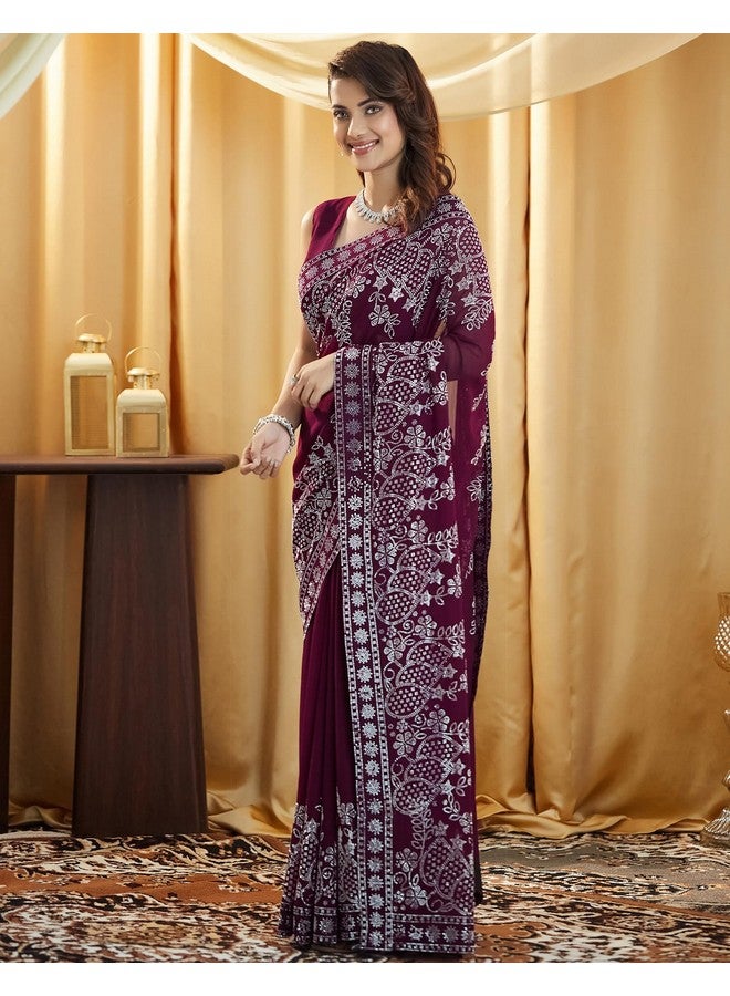 SIRIL SIRIL Women's Georgette Stone Work Saree With Unstitched Blouse Piece (4020S580_Wine) - Image 2