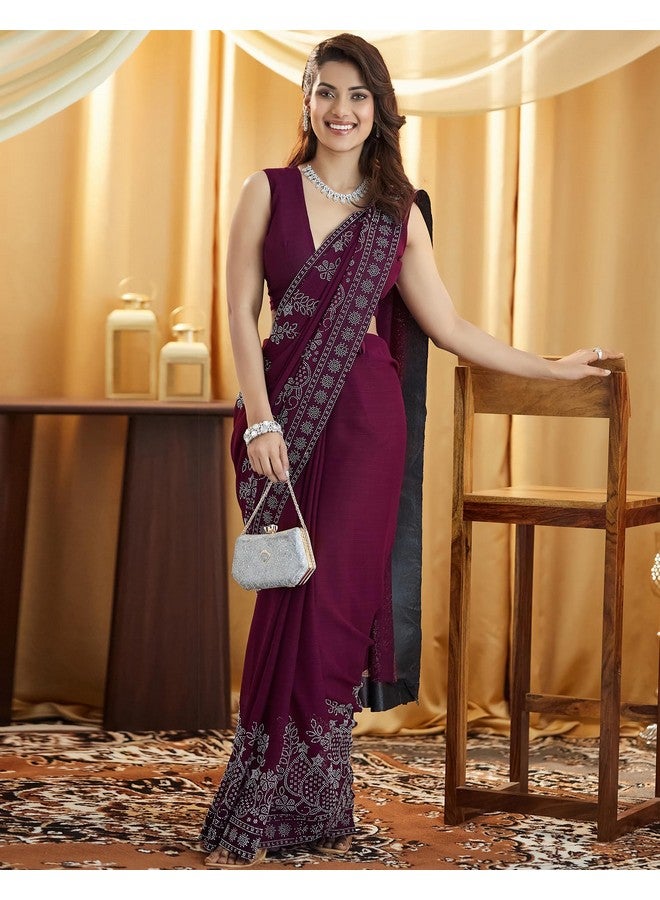 SIRIL SIRIL Women's Georgette Stone Work Saree With Unstitched Blouse Piece (4020S580_Wine) - Image 4