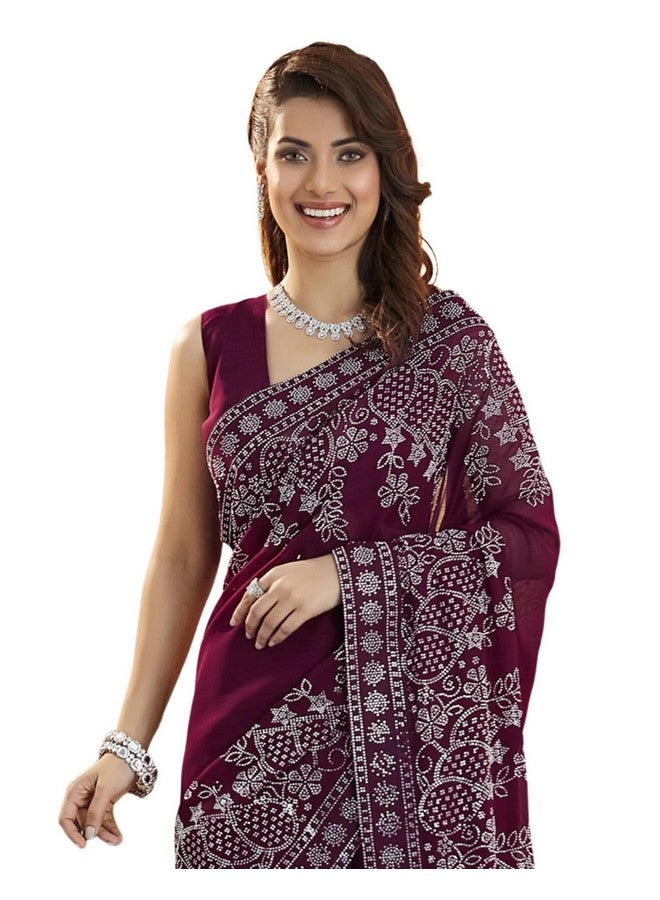 SIRIL SIRIL Women's Georgette Stone Work Saree With Unstitched Blouse Piece (4020S580_Wine) - Image 1