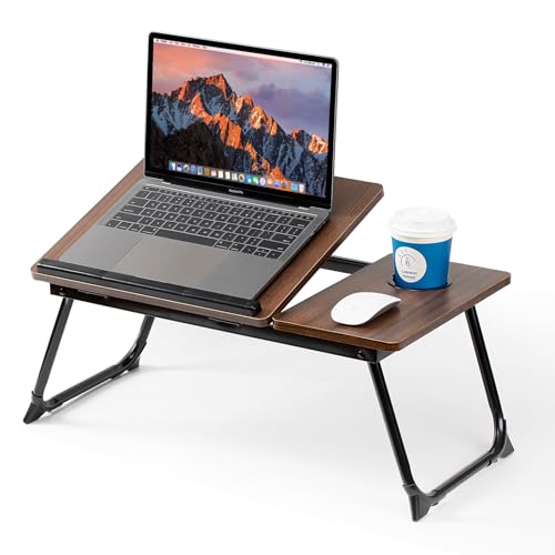 BYMECOST Laptop Desk for Bed Couch, Adjustable Foldable Bed Table with Cup Holder, Breakfast Serving Tray, Portable Laptop Lap Desk Stand for Working Reading Writing Eating Gaming in Bed Sofa Floor(DarkWalnut) - Image 1