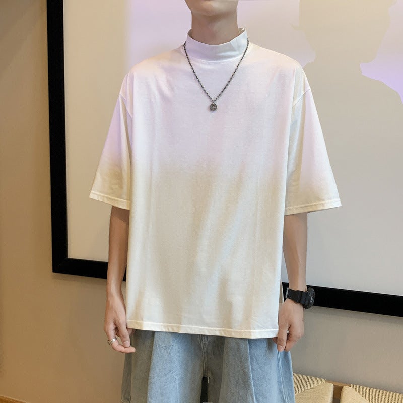 2023 Summer Half-high Neck Short-sleeved T-shirt Men's High Street All-match Casual Couple Outer Wear Round Neck Base T-shirt - Image 1