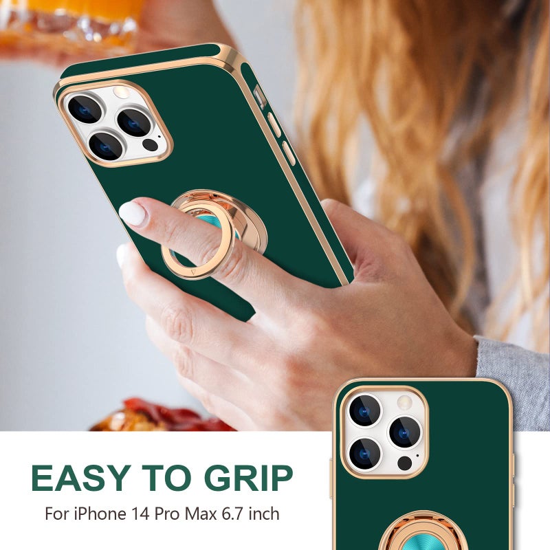 Hython for iPhone 14 Pro Max Case with Ring Stand [360Â° Rotatable Ring Holder Magnetic Kickstand] [Support Car Mount] Plated Gold Edge Slim Soft TPU Luxury Protective Phone Case Cover, Midnight Green - Image 2