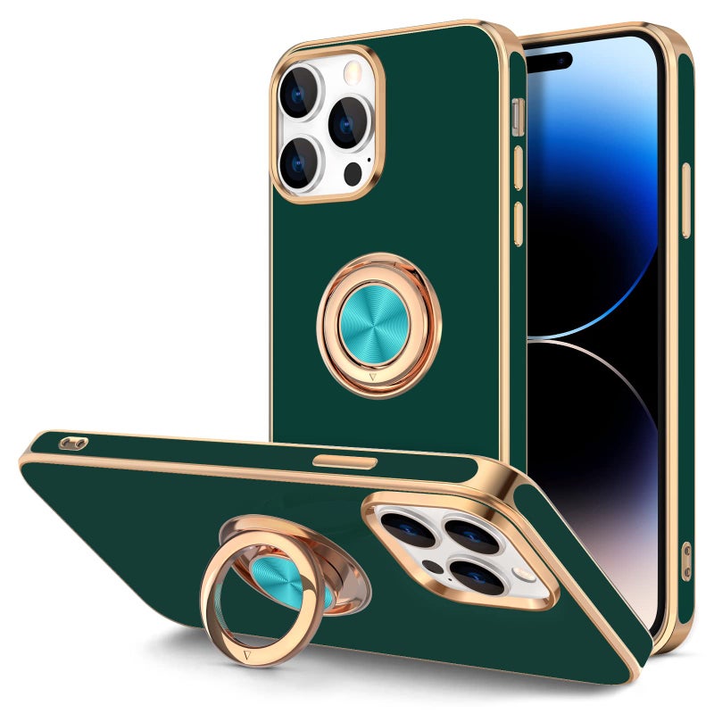Hython for iPhone 14 Pro Max Case with Ring Stand [360Â° Rotatable Ring Holder Magnetic Kickstand] [Support Car Mount] Plated Gold Edge Slim Soft TPU Luxury Protective Phone Case Cover, Midnight Green - Image 1