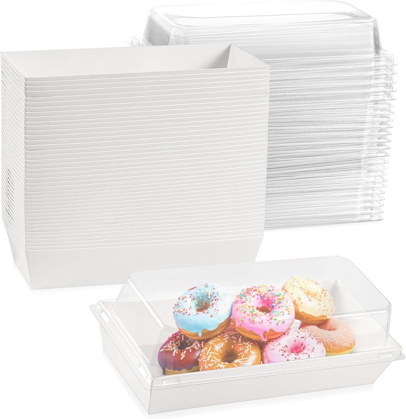 Leafiew 50 Pack 7.5x3.3 Inches Small Charcuterie Boxes with Clear Lids - To Go Paper Mini Treat Box, Charcuterie Boards Accessories, Dessert Boxes, Cookie, Cake Slice, Chocolate Strawberry, Donut (White) - Image 1