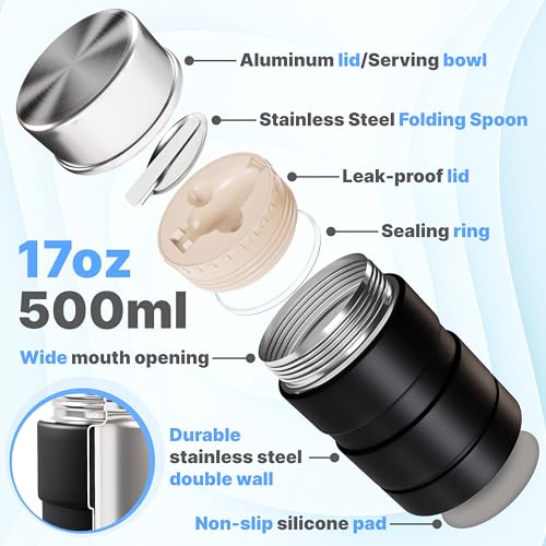 Earth&ME Stainless Steel Thermo For Hot Food 17OZ with Folding Spoon, Vacuum Insulated Food Container, Soup Thermo with Wide Mouth, Insulated Food Jar for Hot & Cold Food, Black - Image 2