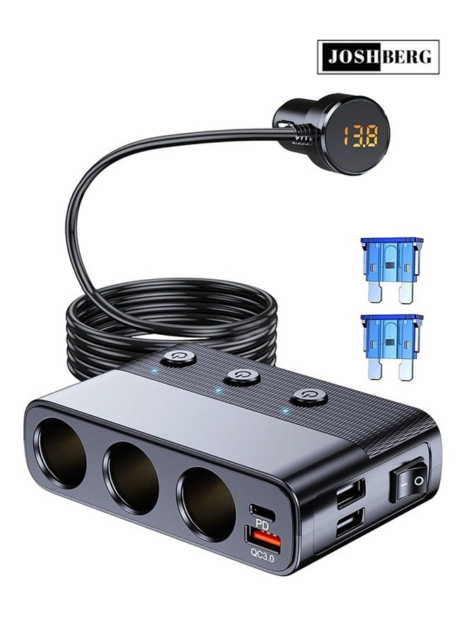 Joshberg 128W 7 in 1 Car Charger with 3 Type-C Ciga Lighter, 3 Socket Car Charger Adapter, Type-C QC3.0 PD 30W Charging, Dual USB Charging Ports, Independent Switches, LED Voltmeter, Plug Outlet 12V/24V(3.3ft Cable) - Image 1