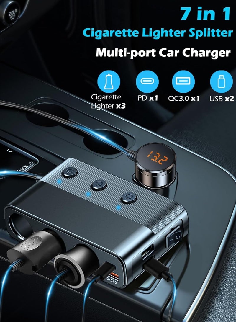 Joshberg 128W 7 in 1 Car Charger with 3 Type-C Ciga Lighter, 3 Socket Car Charger Adapter, Type-C QC3.0 PD 30W Charging, Dual USB Charging Ports, Independent Switches, LED Voltmeter, Plug Outlet 12V/24V(3.3ft Cable) - Image 4