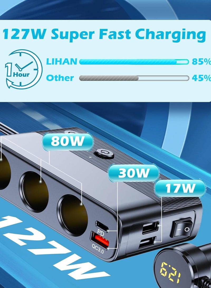 Joshberg 128W 7 in 1 Car Charger with 3 Type-C Ciga Lighter, 3 Socket Car Charger Adapter, Type-C QC3.0 PD 30W Charging, Dual USB Charging Ports, Independent Switches, LED Voltmeter, Plug Outlet 12V/24V(3.3ft Cable) - Image 2