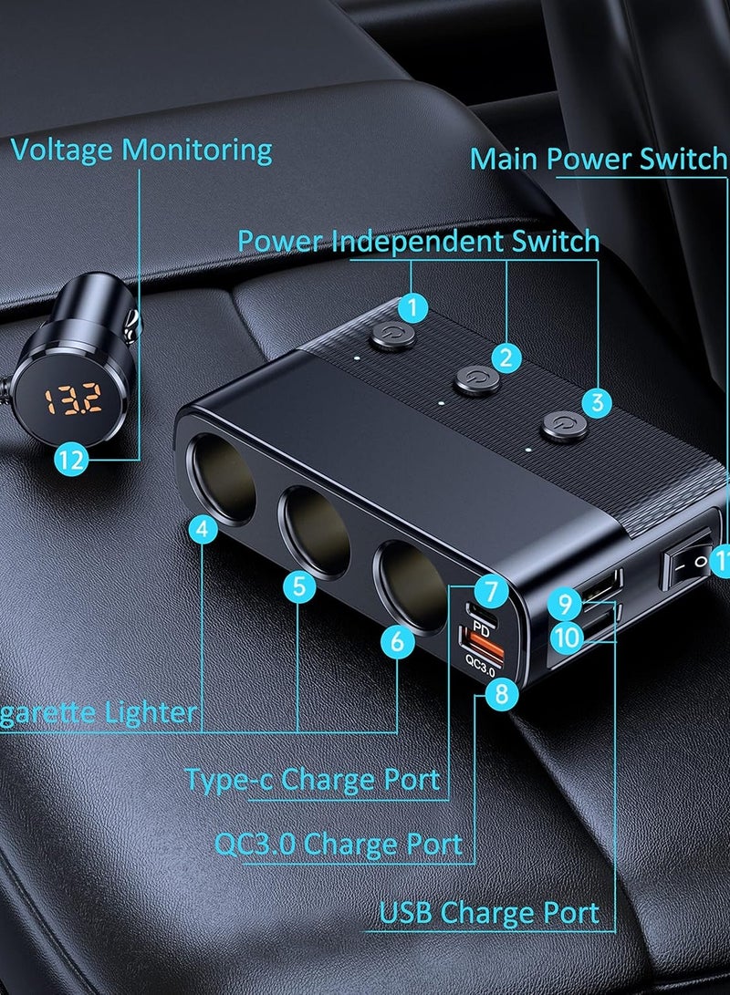 Joshberg 128W 7 in 1 Car Charger with 3 Type-C Ciga Lighter, 3 Socket Car Charger Adapter, Type-C QC3.0 PD 30W Charging, Dual USB Charging Ports, Independent Switches, LED Voltmeter, Plug Outlet 12V/24V(3.3ft Cable) - Image 5