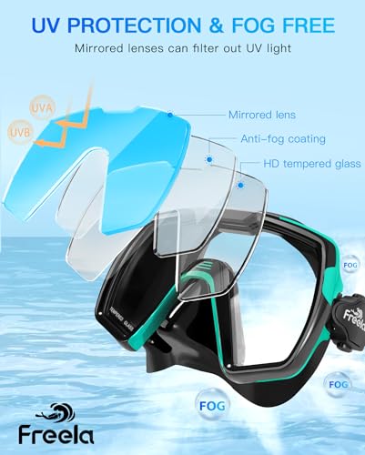 Freela Adult Dry Snorkel Set Scuba Diving Mask with Mirrored Blue Len, Tempered Glass 180° Wide View, Anti Fog No Leak Snorkeling Gear for Men Women Youth with Nose Cover for Breathing Swimming Diving - Image 3