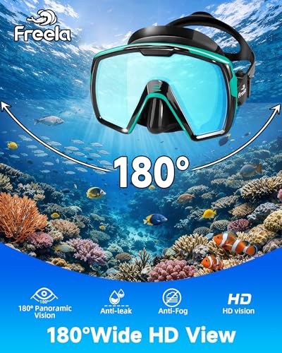Freela Adult Dry Snorkel Set Scuba Diving Mask with Mirrored Blue Len, Tempered Glass 180° Wide View, Anti Fog No Leak Snorkeling Gear for Men Women Youth with Nose Cover for Breathing Swimming Diving - Image 2