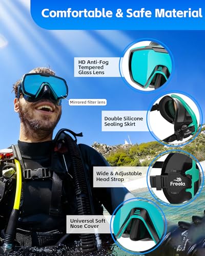 Freela Adult Dry Snorkel Set Scuba Diving Mask with Mirrored Blue Len, Tempered Glass 180° Wide View, Anti Fog No Leak Snorkeling Gear for Men Women Youth with Nose Cover for Breathing Swimming Diving - Image 4