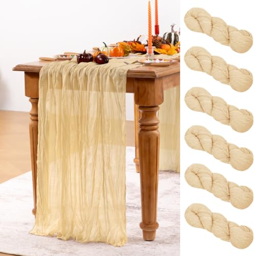 DeZerlor Champagne Gold Cheesecloth Table Runner 6 Pack Fall Table Runners Boho Gauze 120 Inches Champagne Cheese Cloth Fall Table Decorations for Thanksgiving Wedding Bridal Baby Shower Parties - Image 1