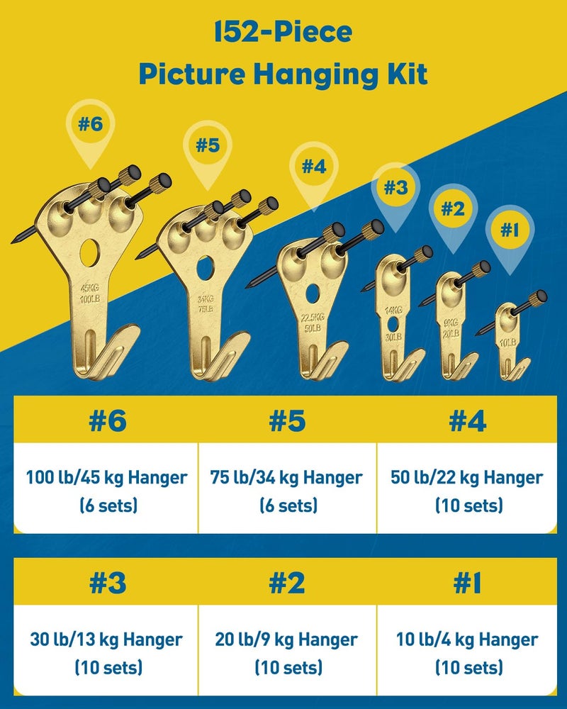 Uniclife 152 Pcs Picture Hanging Kit, 10 lb, 20 lb, 30 lb, 50 lb, 75 lb, 100 lb Heavy Duty Picture Hangers for Drywall & Wood, Picture Hanging Hooks, Frame Hooks for Hanging Photos Mirrors Paintings - Image 2