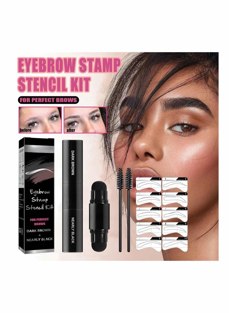 Eyebrow Stamp Stencil Kit Dual-Color, Perfect Instant Brows Every Time, Adjustable for all Eyebrow Shapes, Waterproof and Sweatproof, Reusable & Super Easy To Use (DARK BROWN + NEARLY BLACK)