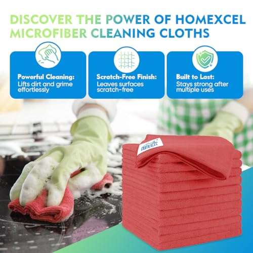 HOMEXCEL Red Microfiber Cleaning Cloth 12 Pack 125 x 125 inch Microfiber Towels for Cars Ultra Absorbent Car Washing Cloth Lint Free Streak Free Cleaning Rags for Car Kitchen and Window - Image 3
