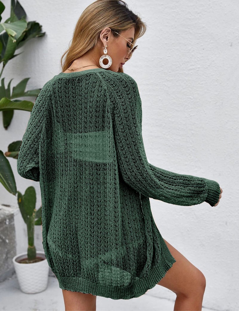 XuBa Women Crochet Lightweight Cardigan Long Sleeve Open Front Summer Cardigan Sweater Green - Image 3