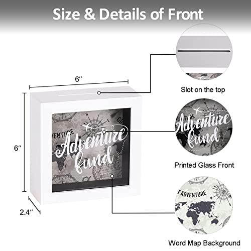 UMICAL 6x6 Inch Adventure Fund White Shadow Box Frame Display Case Decorative Wooden Money Savings Bank Travel Fund Box Memory Box with World Map Background - Image 5