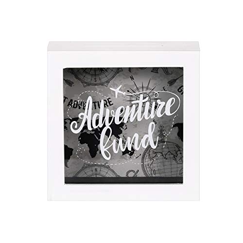 UMICAL 6x6 Inch Adventure Fund White Shadow Box Frame Display Case Decorative Wooden Money Savings Bank Travel Fund Box Memory Box with World Map Background - Image 1