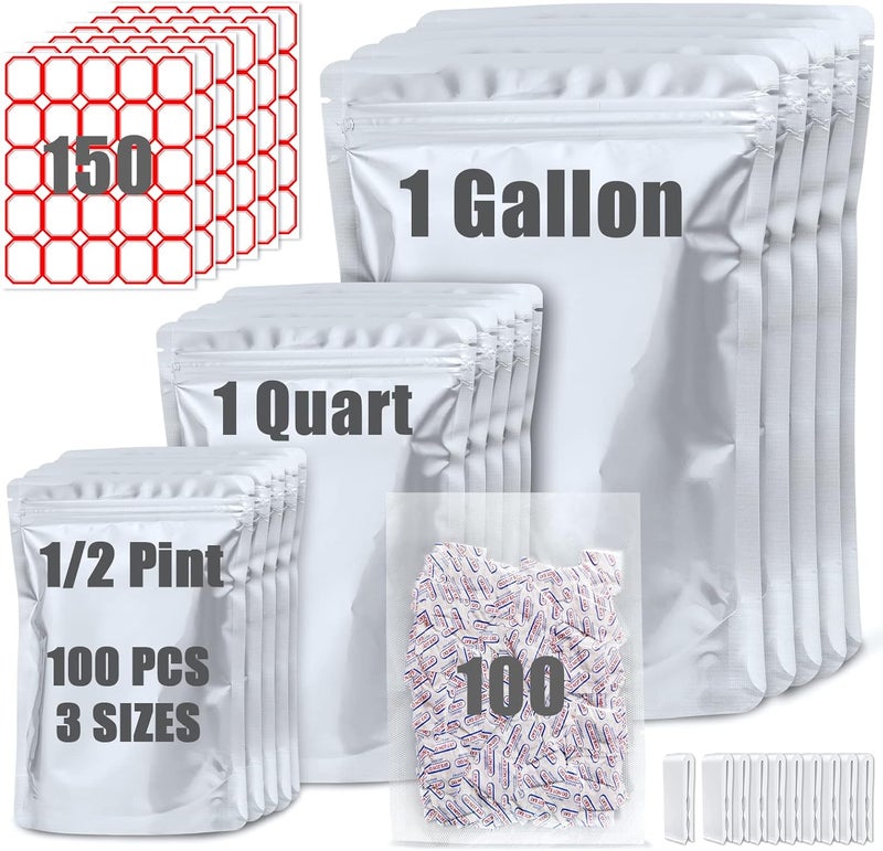Sukerle 100 حقيبة مايلار لتخزين الطعام مع 100 ممتص أكسجين سعة 300 سم مكعب - مقاس 9 ميل 10"x14"، 9 ميل 6"x9"، 9 ميل 4.3"x6.3" - أكياس قابلة للإغلاق لتغليف المنتجات وأكياس زيب لوك غذائية للتخزين - Image 1