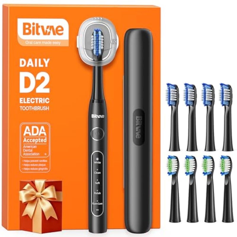 Bitvae D2 Ultrasonic Electric Toothbrush for Adults and Kids, Electric Toothbrush with Rechargeable Power, 8 Toothbrush Heads and 5 Modes, Black - Image 1