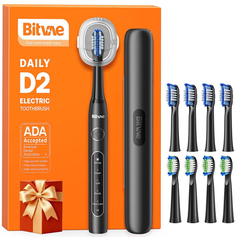 Bitvae D2 Ultrasonic Electric Toothbrush for Adults and Kids, Electric Toothbrush with Rechargeable Power, 8 Toothbrush Heads and 5 Modes, Black - Image 1