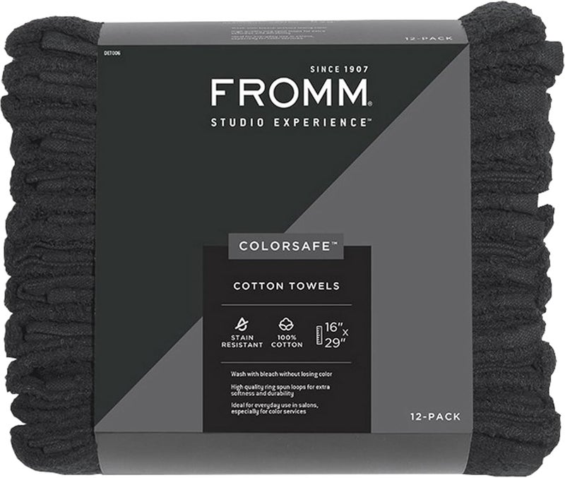 Fromm ColorSafe 100 Cotton Bleach Proof Salon Hair Towels for Hairstylists Barbers Spa Gym in Black 16 by 29 12 Count Absorbent Stain Resistant Towels for Drying Curly Long Wavy Hair